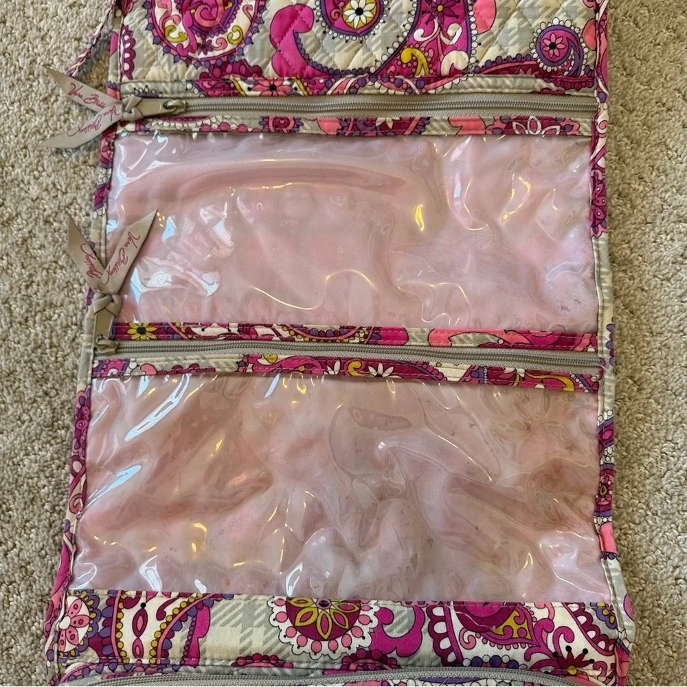 Vera Bradley Pink Paisley Meets Plaid Makeup Bag Hanging Travel Handle Quilted